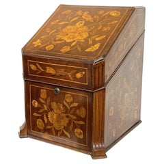 Antique Dutch Marquetry Inlaid Walnut Decanter Box with Fitted Glassware ca 1800