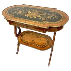 French Inlaid Marquetry Side Table with Musical Instrument Motif and Drawer