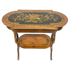 French Inlaid Marquetry Side Table with Musical Instrument Motif and Drawer