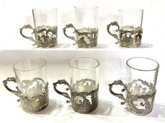 Set of Six Victorian Sterling Silver & Glass Shot Holders, London 1890 & 1894