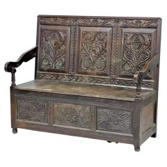 Antique Victorian Carved Oak Three-Panel Box Settle with Storage