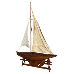 Monumental Antique English Model Pond Yacht on Wooden Cradle Stand