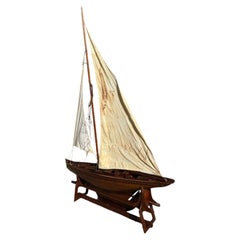 Monumental Antique English Model Pond Yacht on Wooden Cradle Stand