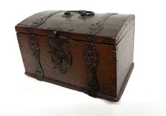Antique Elizabethan Oak Tabletop Casket with Pierced Iron Strapwork Early 17th C