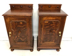 Antique Pair of Late Victorian Oak Bedside Pot Cupboards with Upstands