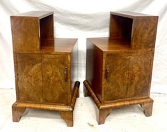 Pair of Art Deco Burr Walnut Bedside Cabinets with Stepped Tops