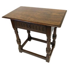 Antique Carved Solid Oak Side Table with Drawer and Turned Legs