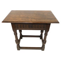 Antique Carved Solid Oak Side Table with Drawer and Turned Legs
