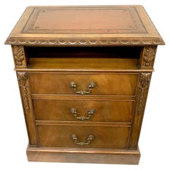 Antique Carved Mahogany Bedside Cabinet with Tooled Leather Top, c.1920