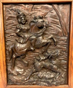 Antique Carved Oak Relief Panel of a Cavalier Stag Hunt in Moulded Frame