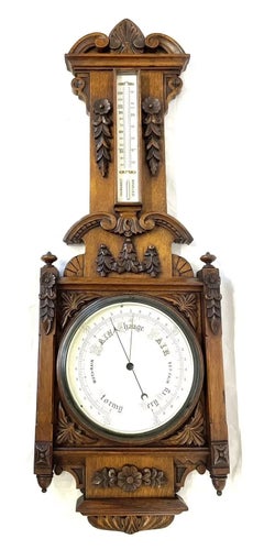 Antique Victorian Carved Oak Aneroid Banjo Barometer with Thermometer