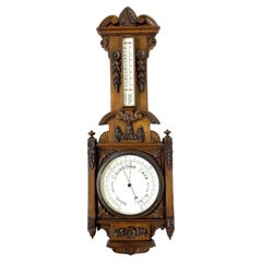 Antique Victorian Carved Oak Aneroid Banjo Barometer with Thermometer