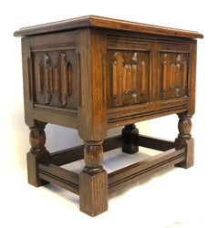 Vintage Linenfold Carved Oak Joint Box Stool and Table