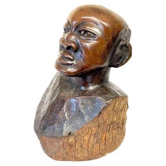 Large Mid Century African Hand-Carved Hardwood Male Bust on Tree Trunk Base