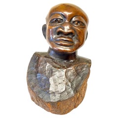 Large Mid Century African Hand-Carved Hardwood Male Bust on Tree Trunk Base