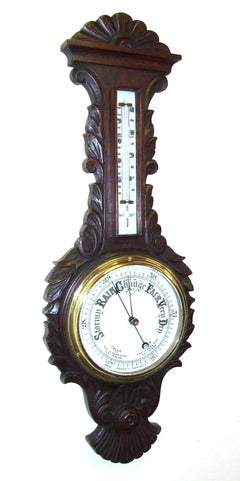 Antique Victorian Carved Oak Banjo Aneroid Barometer and Thermometer