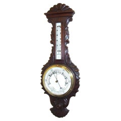 Antique Victorian Carved Oak Banjo Aneroid Barometer and Thermometer