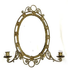 Antique Brass Wirework Oval Wall Mirror with Twin Candle Sconces, c.1900