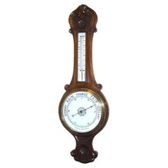 Antique Carved Oak Banjo Barometer and Thermometer with Milk Glass Dials