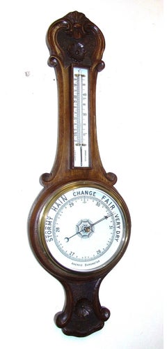 Antique Carved Oak Banjo Barometer and Thermometer with Milk Glass Dials