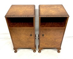 Antique Pair of Queen Anne Style Burr Walnut Bedside Cupboards, Lamp Tables