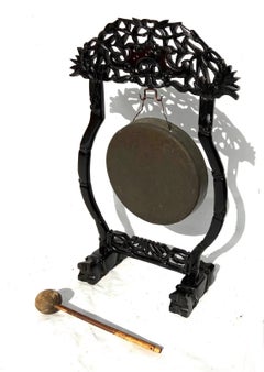 Large Antique Chinese Carved Hardwood Freestanding Dinner Gong