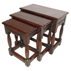 Vintage Mid Century Solid Oak Nest of Three Joint Stool Occasional Tables