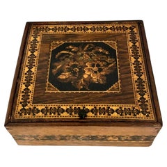 Antique Tunbridge Ware Square Handkerchief Box with Floral Tesserae Inlay