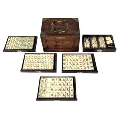 Punguo Vintage Bone & Bamboo 148-Tile Mahjong Set in Brass-Mounted Wooden Chest