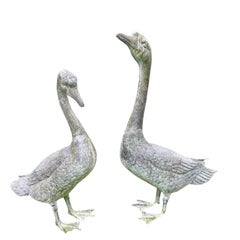 Antique Pair of Victorian Cast Metal Geese Garden Statues