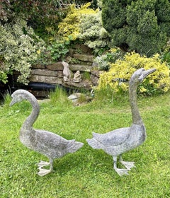 Antique Pair of Victorian Cast Metal Geese Garden Statues