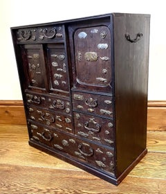 Antique Japanese Hardwood Tabletop Cabinet with Applied Bronze Mounts