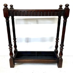 Antique Carved Oak Two-Section Stick and Umbrella Stand with Drip Tray