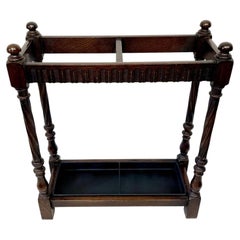 Antique Carved Oak Two-Section Stick and Umbrella Stand with Drip Tray