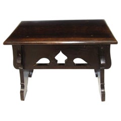 Antique Oak Boarded Stool with Pierced Aprons and Carved Owl Mark