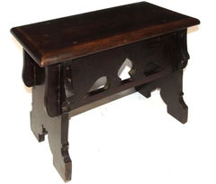 Antique Oak Boarded Stool with Pierced Aprons and Carved Owl Mark