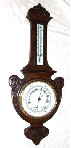 Antique English Carved Oak Aneroid Banjo Barometer and Thermometer