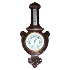 Antique English Carved Oak Aneroid Banjo Barometer and Thermometer