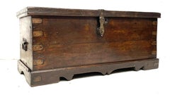 Anglo-Indian Solid Teak Campaign Chest with Brass Strapwork and Secret Till