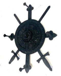 Antique Victorian Cast Iron Sword and Shield Wall Coat and Hat Rack