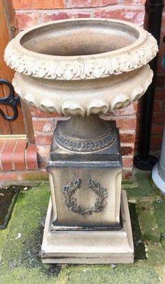 Antique Pair of Antique Salt-Glazed Garden Urns on Laurel Wreath Pedestals