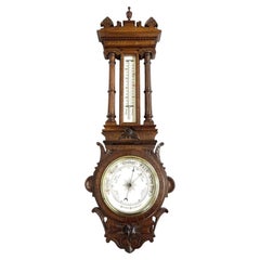 Late Antique Victorian Carved Oak Aneroid Banjo Barometer and Thermometer