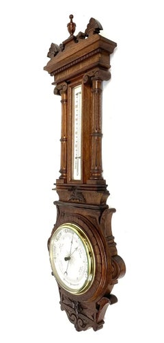 Late Antique Victorian Carved Oak Aneroid Banjo Barometer and Thermometer