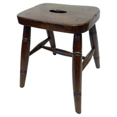 Antique Country Ash and Elm Stool with Pierced Carrying Handle