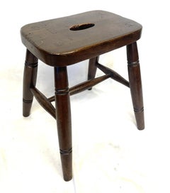 Antique Country Ash and Elm Stool with Pierced Carrying Handle
