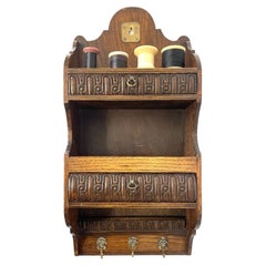 Antique Carved Oak Hanging Sewing Cabinet with Drawers and Maiden Hooks