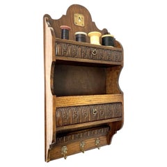 Antique Carved Oak Hanging Sewing Cabinet with Drawers and Maiden Hooks