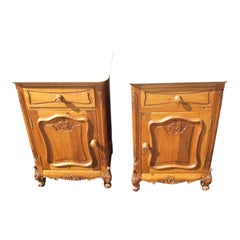 Pair of French Provincial Style Carved Pine & White Marble Bedside Pot Cupboards