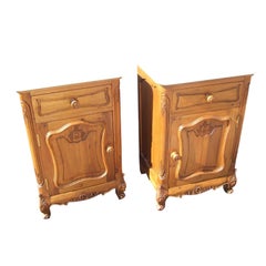 Pair of French Provincial Style Carved Pine & White Marble Bedside Pot Cupboards