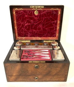 Antique Victorian Rosewood and Brass Vanity Dressing Box with Fitted Interior